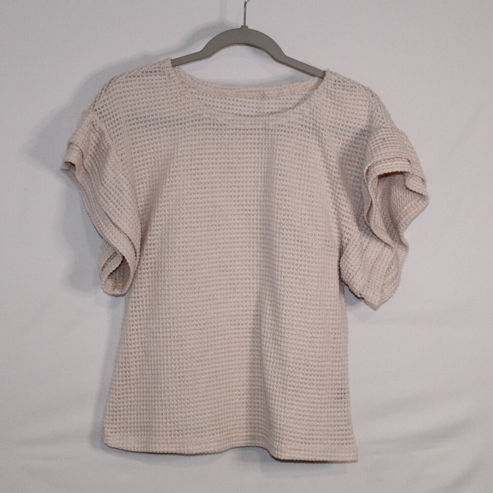 Shein light beige waffle‎ texture round neck ruffle short sleeve blouse M